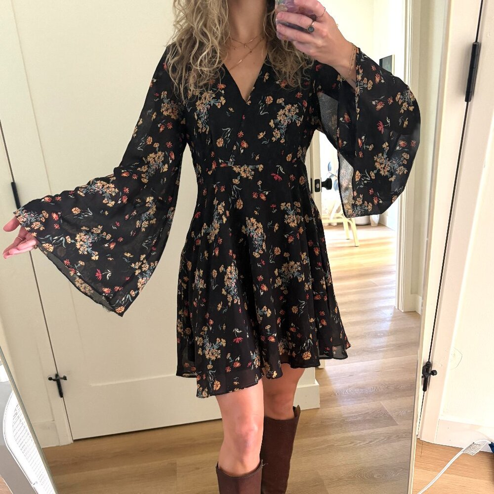 Free People Lilou Floral Mini Dress Black Combo Boho Flare, Bell Sleeve